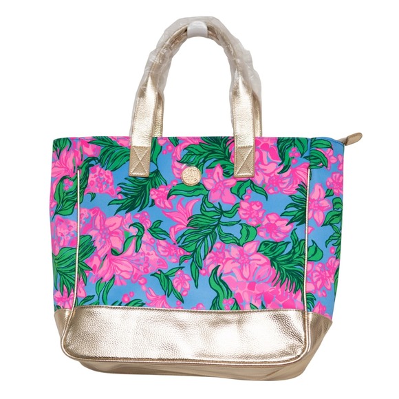 Lilly Pulitzer Handbags - Lilly Pulitzer NEW Art Tote Bag "Sunrise Pink Safari" Floral Print Metallic Gold